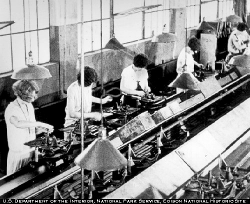 Women folklore working in assembly line